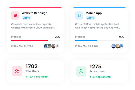 RedDash projects page – grid view with progress bars